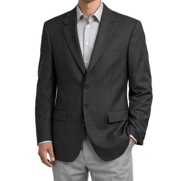 TASSO ELBA Mens Suit Jacket Size 40R Gray Pinstripe Wool 3 Button Pockets